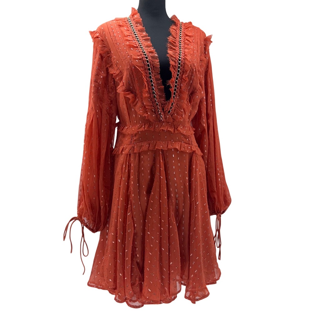 ASOS Orange Chiffon Chain Trim Open Back Ruffle Mini Dress US 12 NWT Flowy